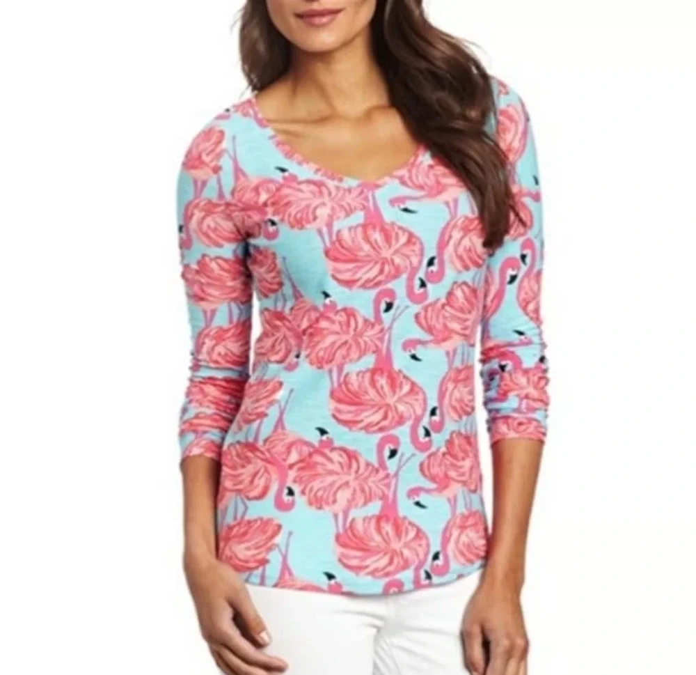 Lilly Pulitzer Amanda Long Sleeve top Shirt Flamingo Shorely Blue M A009266
